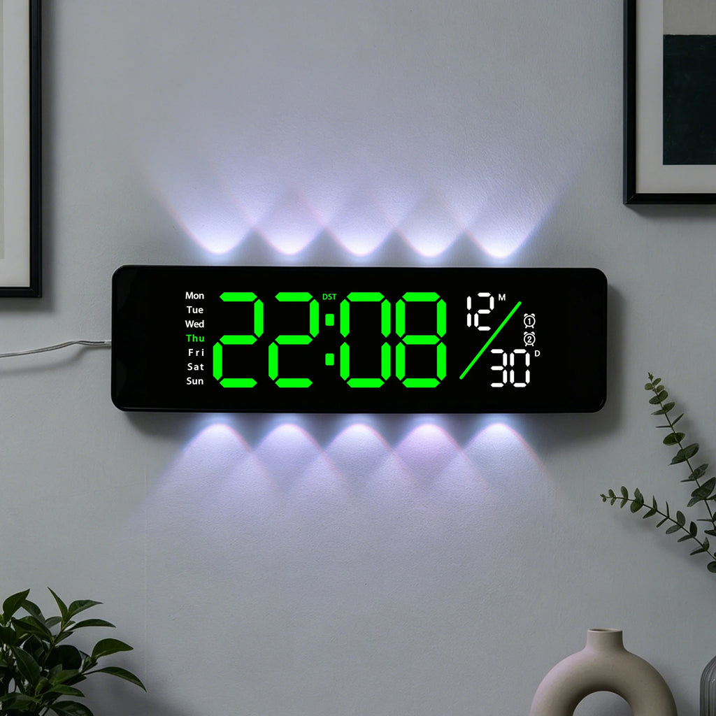 LED digital wall clock with date and alarm display