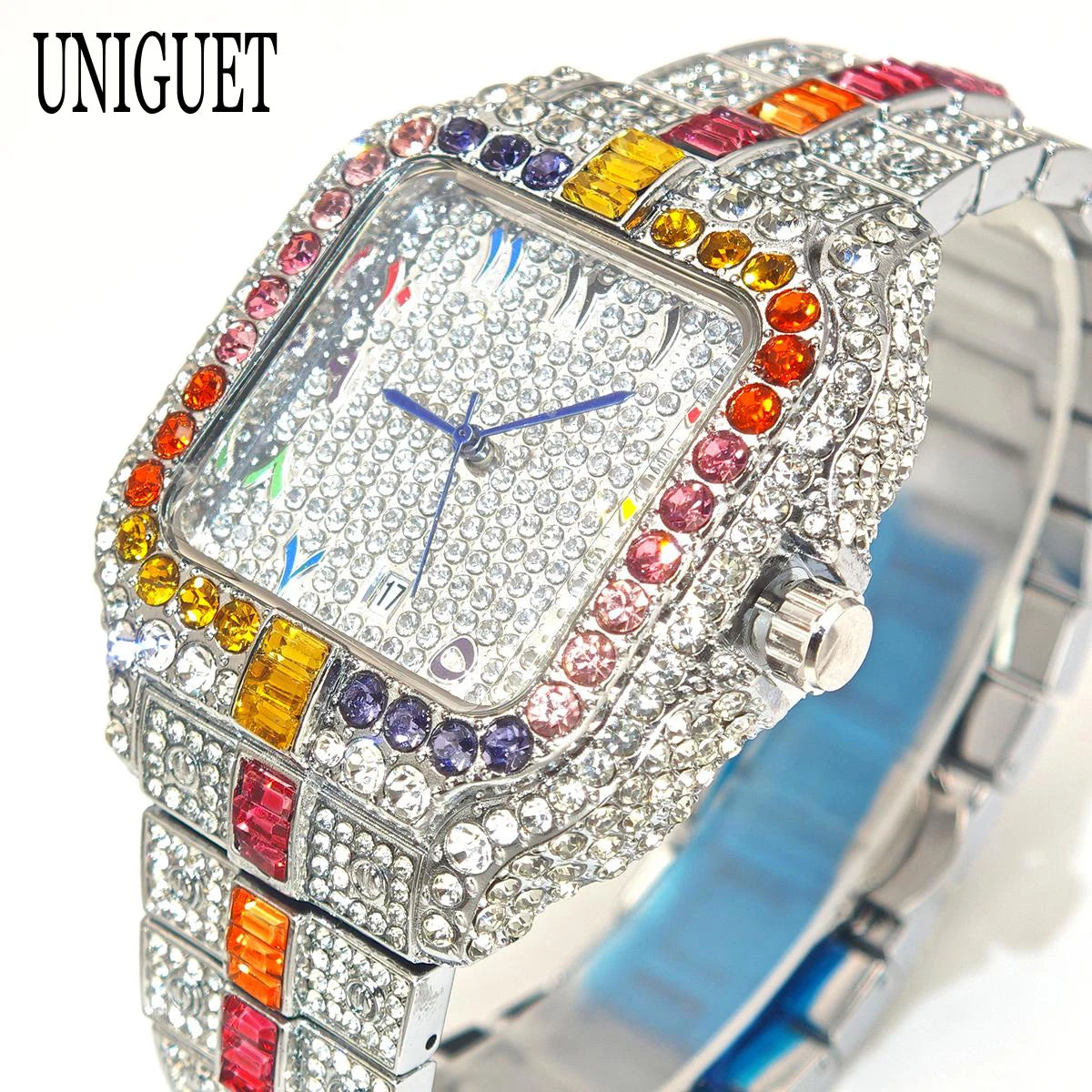 Iced-Out Square Quartz Watch — Stainless Steel, Auto Date — product image 4