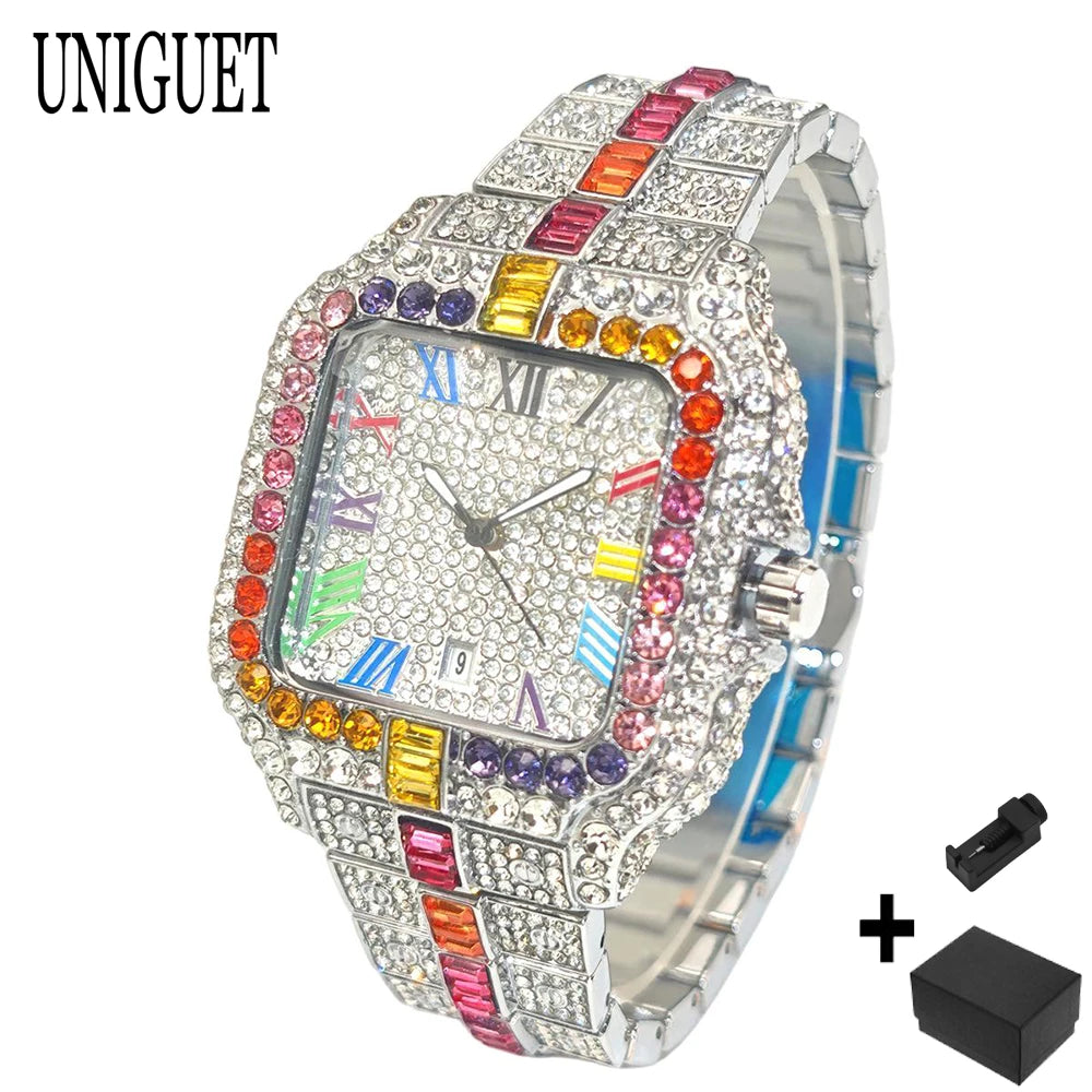 Iced-Out Square Quartz Watch — Stainless Steel, Auto Date — product image 16