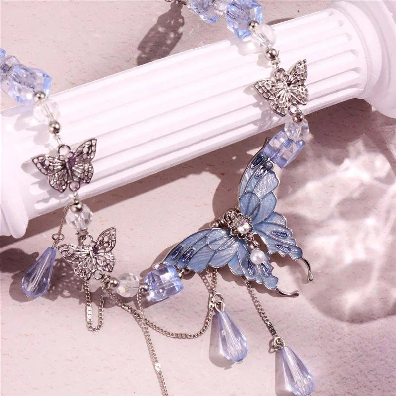 Rhinestone Butterfly Choker Necklace — Long Crystal Tassel — product image 4