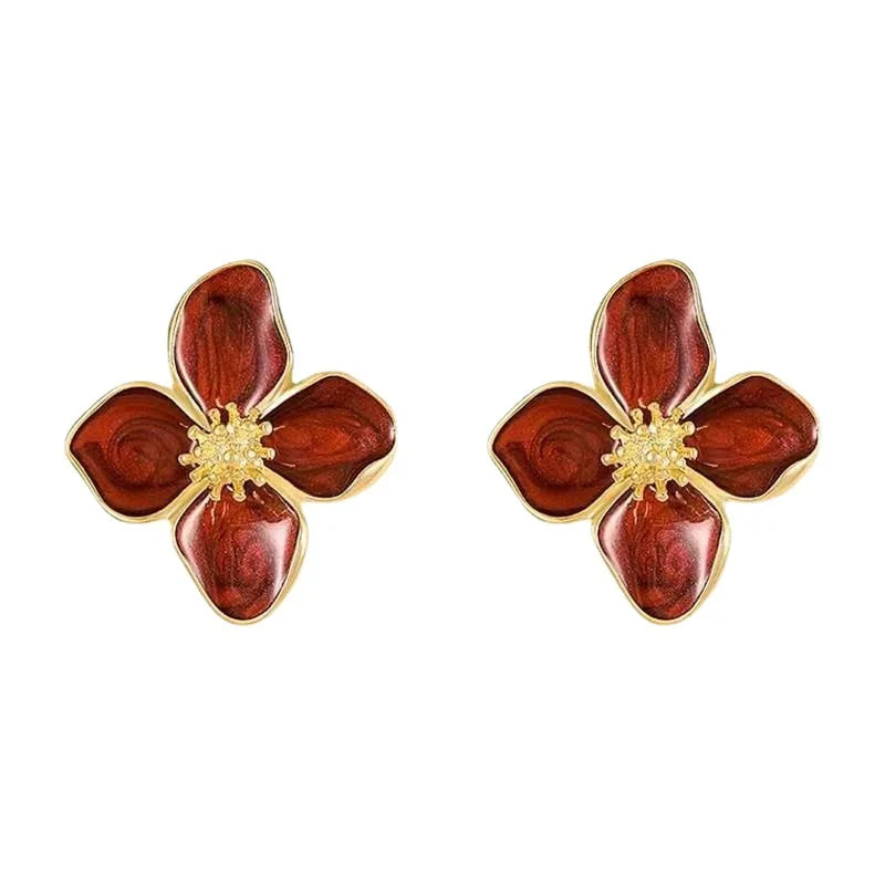 Red Flower Drip Glaze Stud Earrings — Retro Style — product image 4
