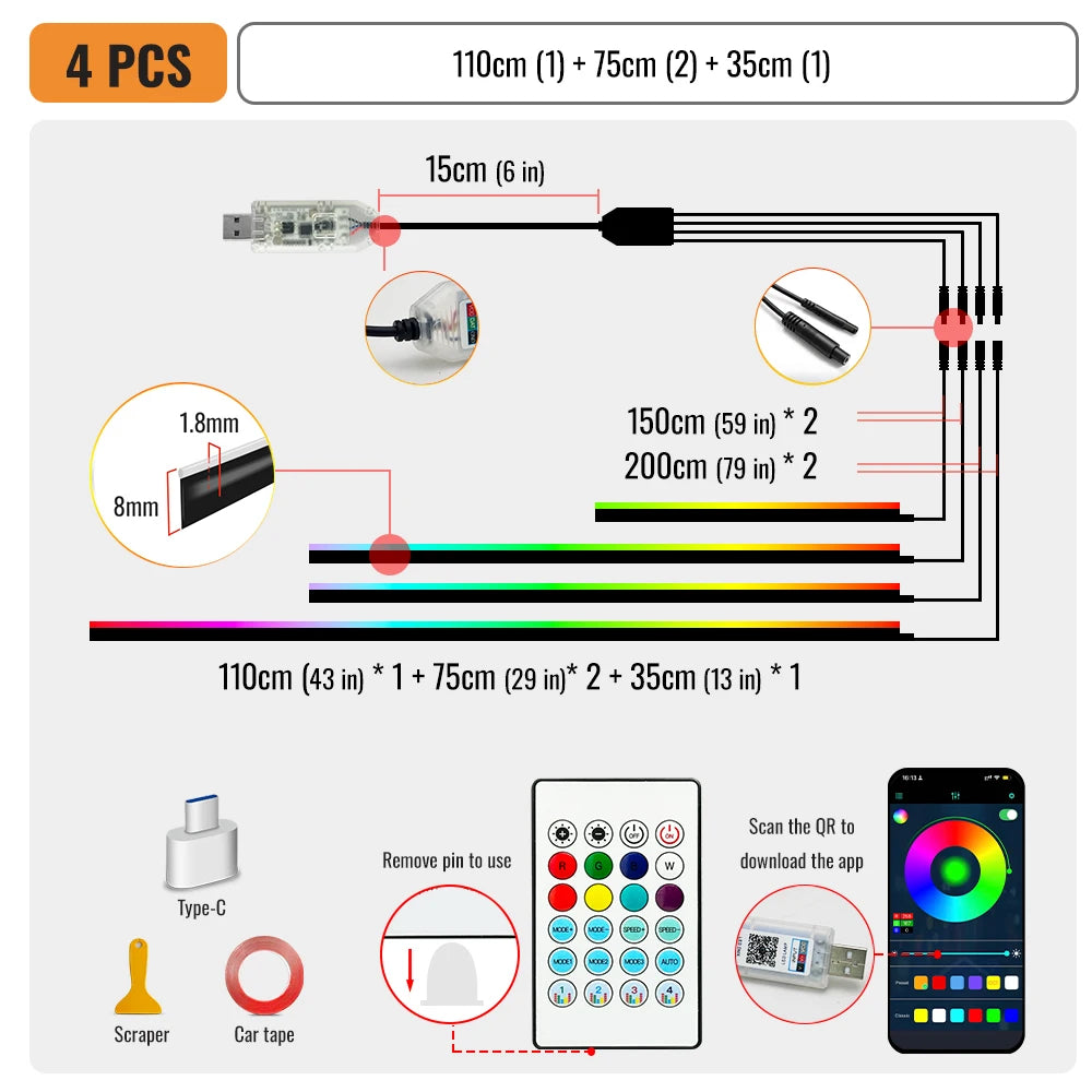 Car Ambient Light Strips — App Controlled RGB, Acrylic, 110 cm — product image 7