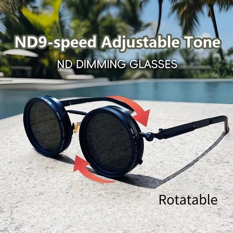 Round polarised sunglasses with adjustable dimming lenses
