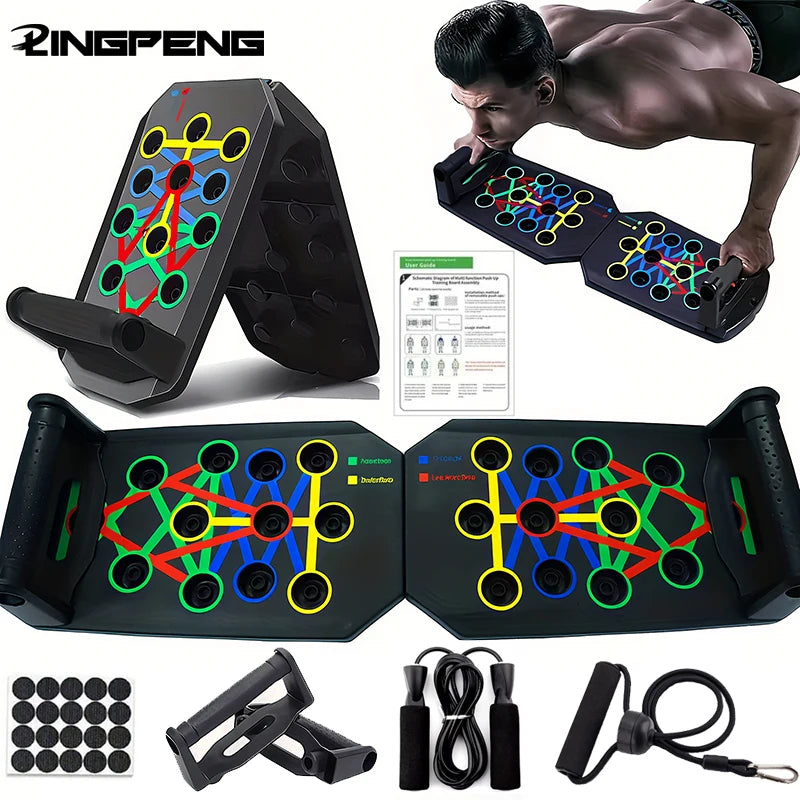 Foldable push-up board with colour-coded handle positions