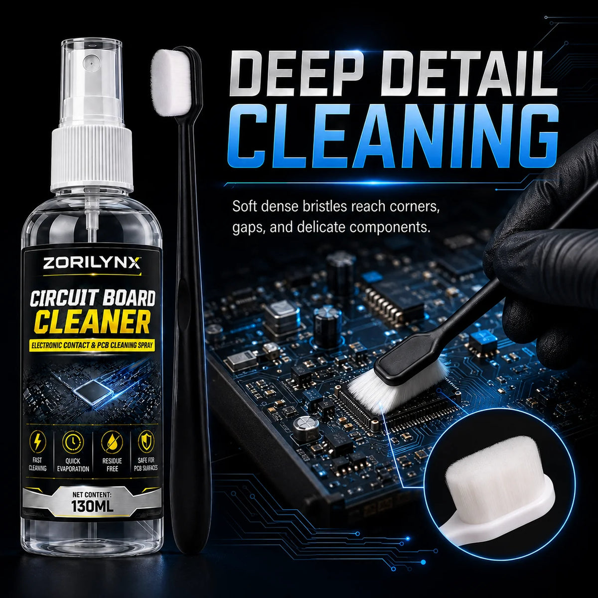 Circuit board and electronics contact cleaner spray with brush