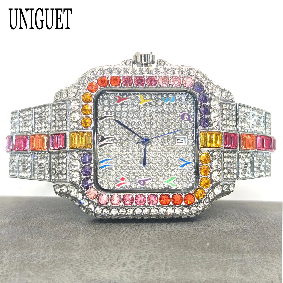 Iced-Out Square Quartz Watch — Stainless Steel, Auto Date — product image 2