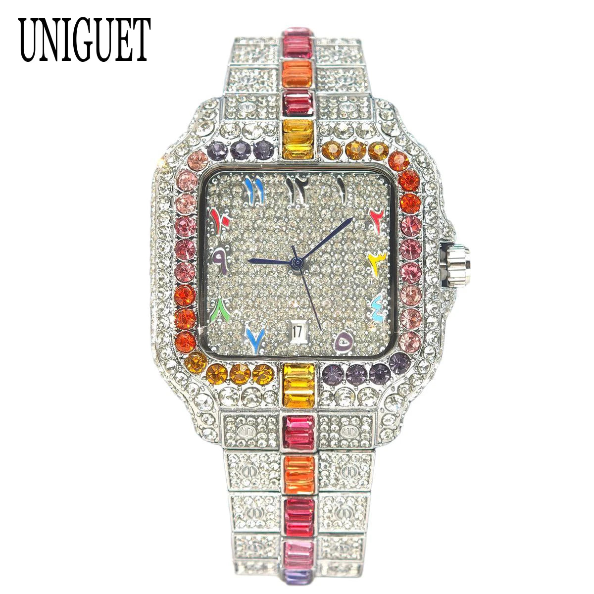 Iced-out square quartz watch with stainless steel bracelet