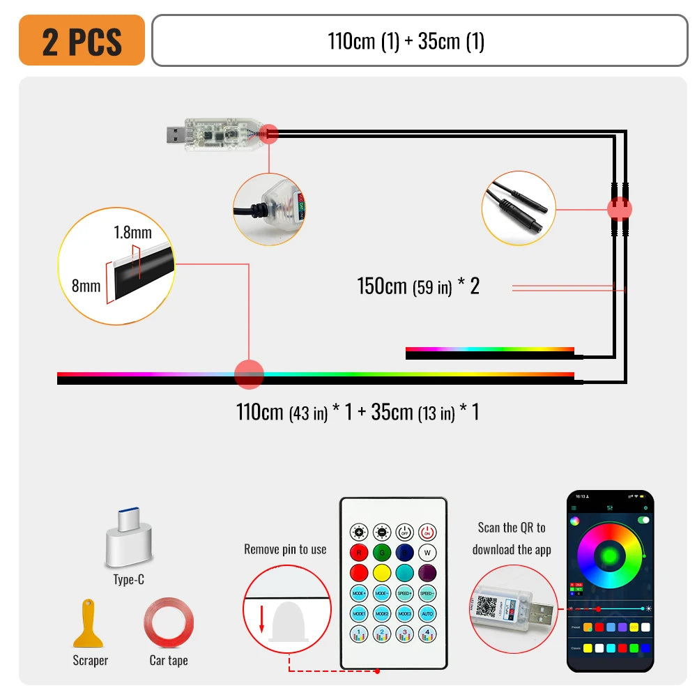 Car Ambient Light Strips — App Controlled RGB, Acrylic, 110 cm — product image 9