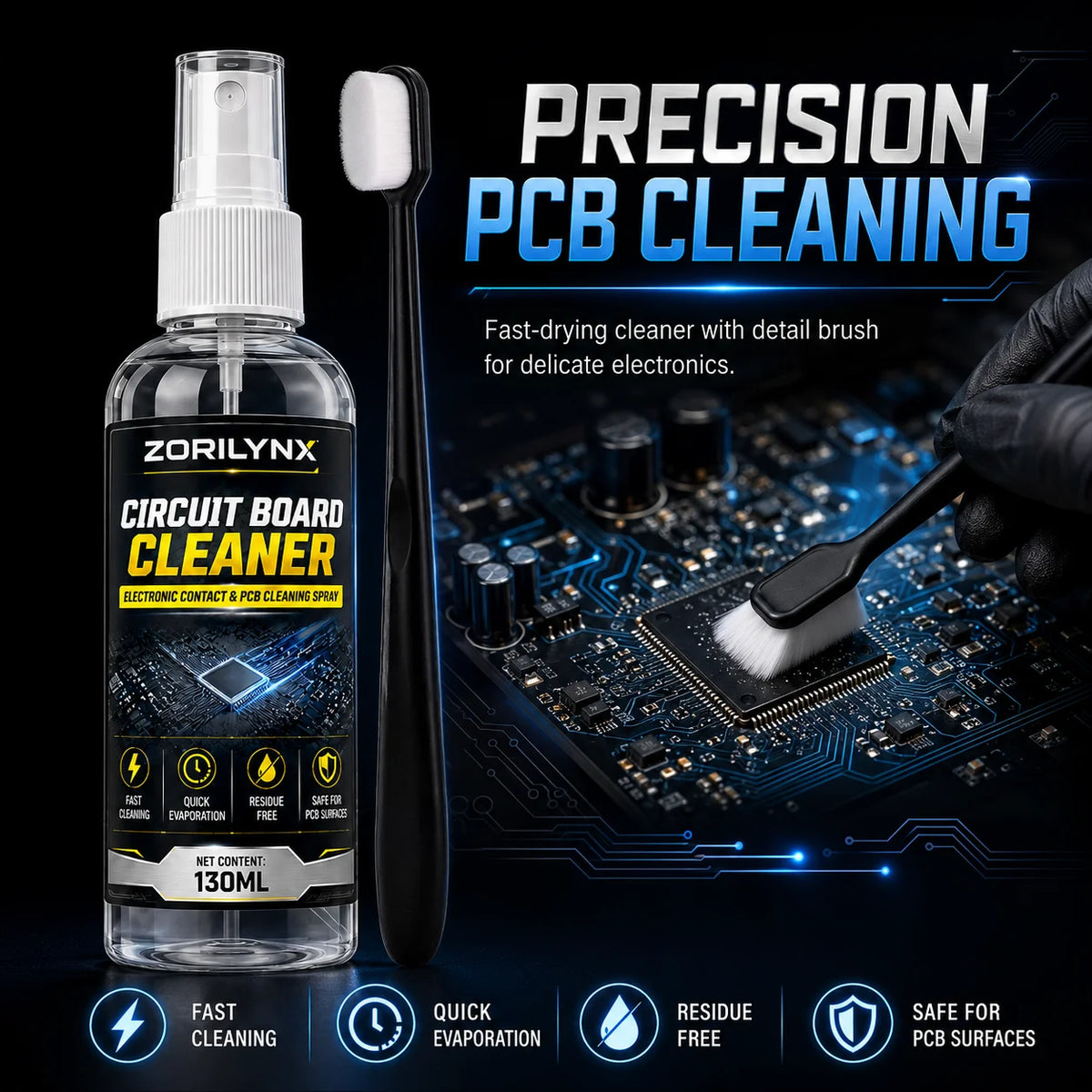 Electronics & PCB Cleaner Spray — Fast Evaporating, with Brush — product image 2