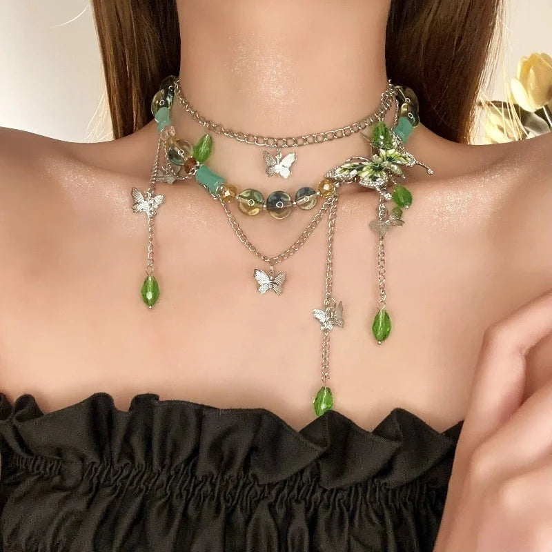 Rhinestone Butterfly Choker Necklace — Long Crystal Tassel — product image 13