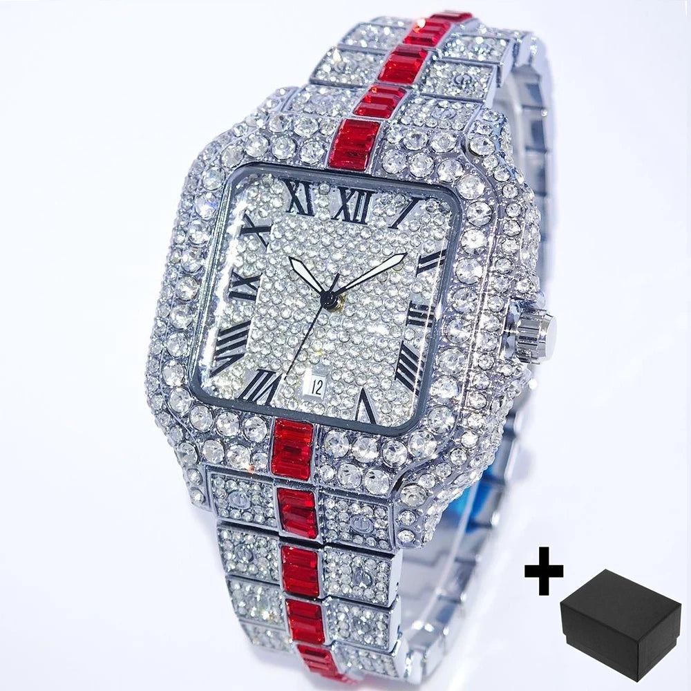 Iced-Out Square Quartz Watch — Stainless Steel, Auto Date — product image 11