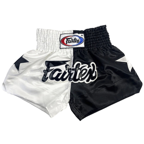 Muay Thai and MMA fight shorts in black and white