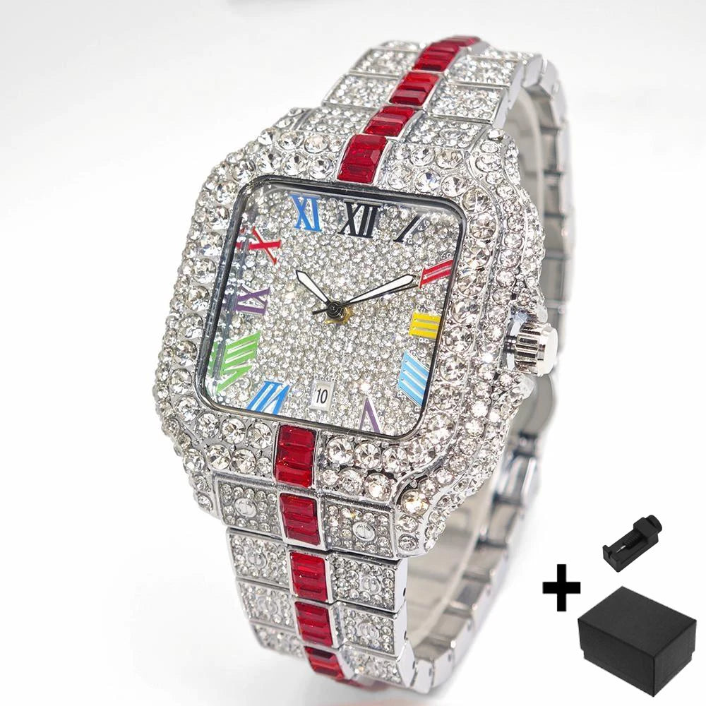 Iced-Out Square Quartz Watch — Stainless Steel, Auto Date — product image 9