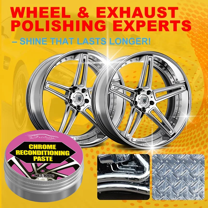 Chrome polish and restoration wax for wheels and exhaust tips
