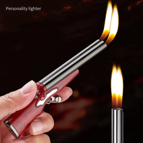 Novelty shotgun-shaped refillable butane lighter with twin flames.