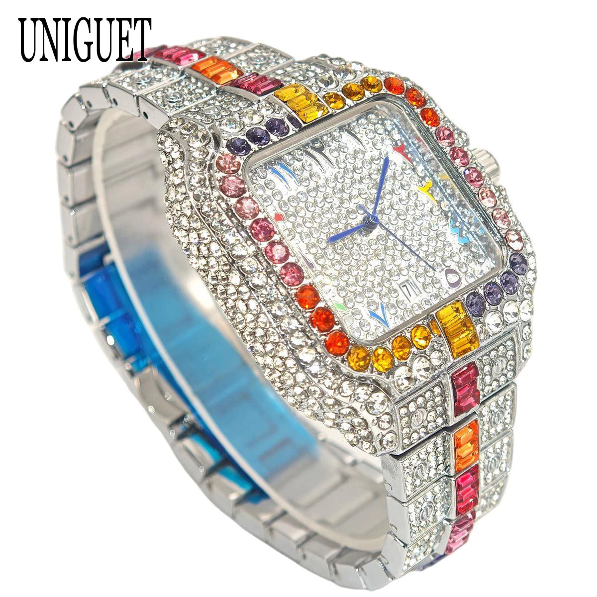 Iced-Out Square Quartz Watch — Stainless Steel, Auto Date — product image 5