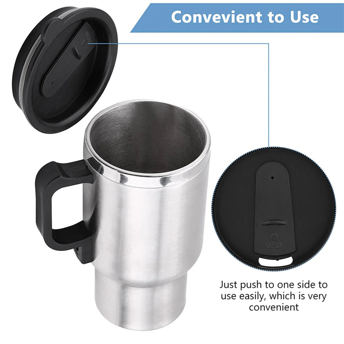 Self-Stirring Heated Travel Mug — 12V, 450 ml Stainless Steel — product image 2