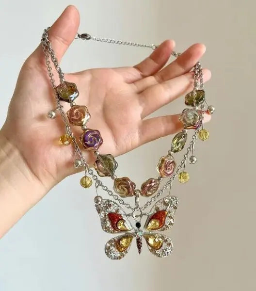 Rhinestone Butterfly Choker Necklace — Long Crystal Tassel — product image 9