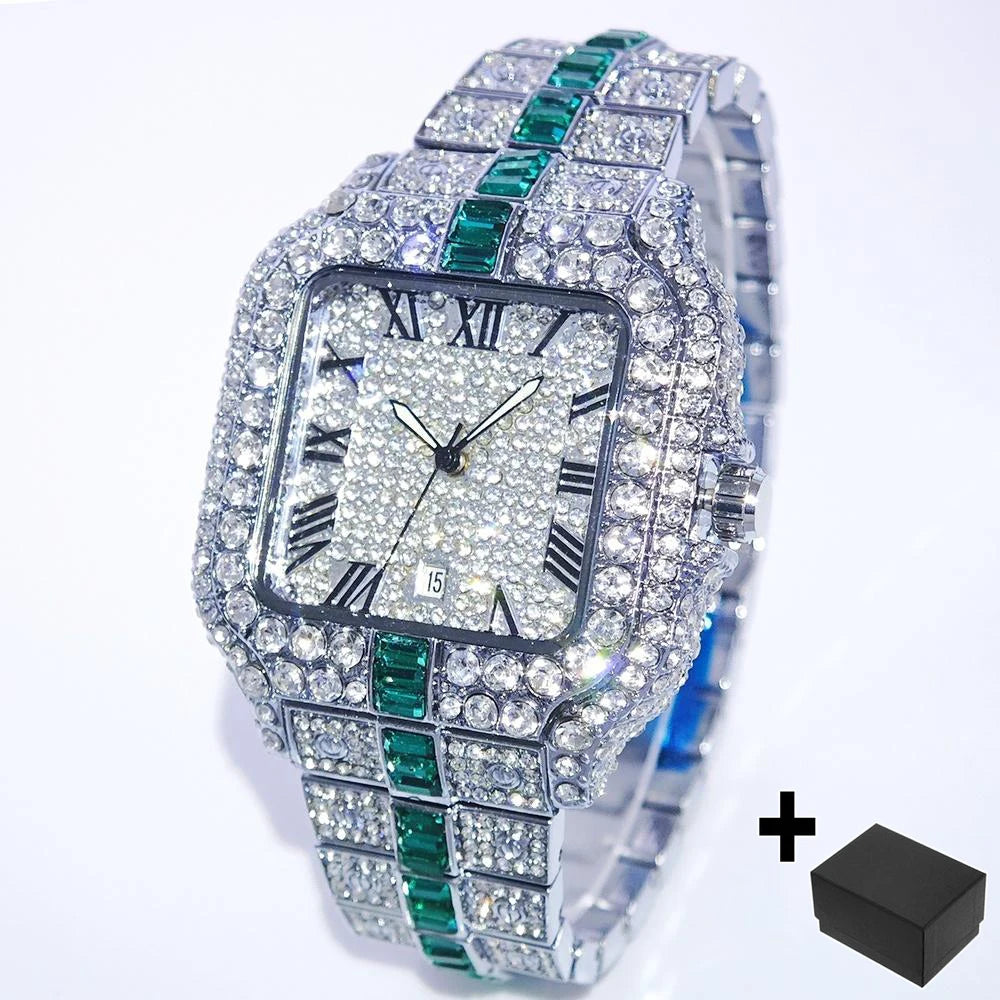 Iced-Out Square Quartz Watch — Stainless Steel, Auto Date — product image 8