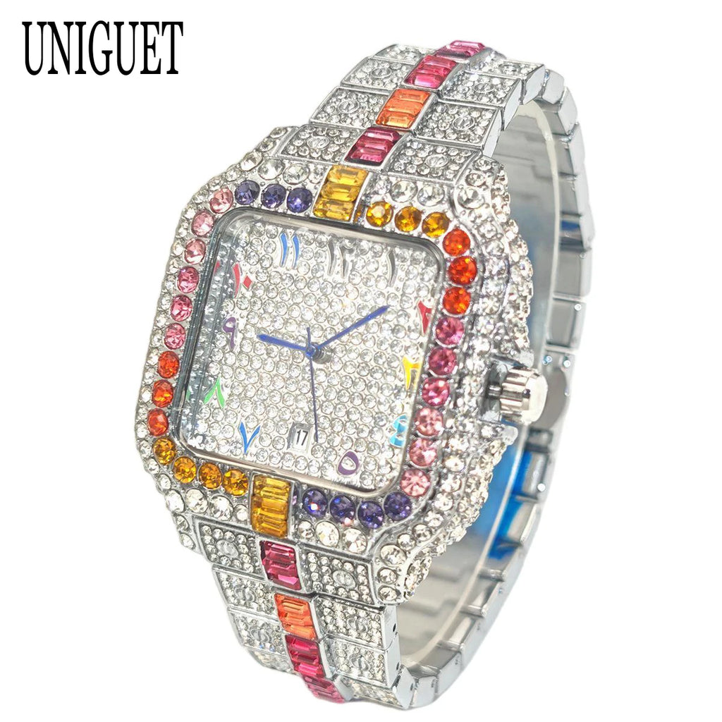 Iced-Out Square Quartz Watch — Stainless Steel, Auto Date — product image 3