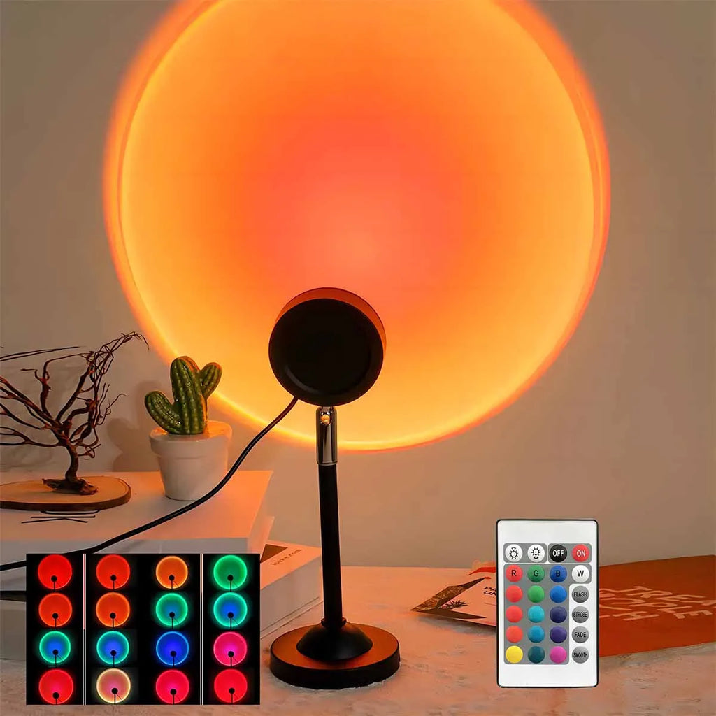 Sunset projection lamp casting coloured light on a wall