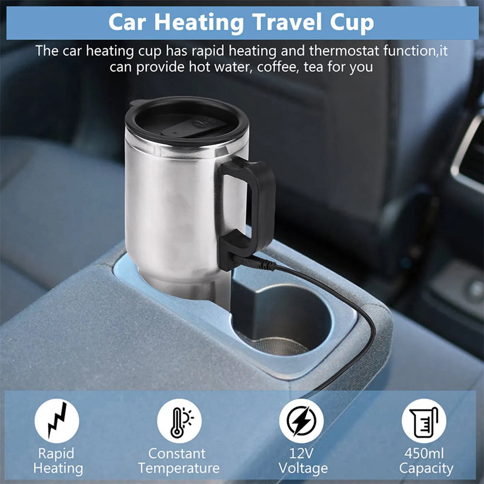 Self-Stirring Heated Travel Mug — 12V, 450 ml Stainless Steel — product image 5