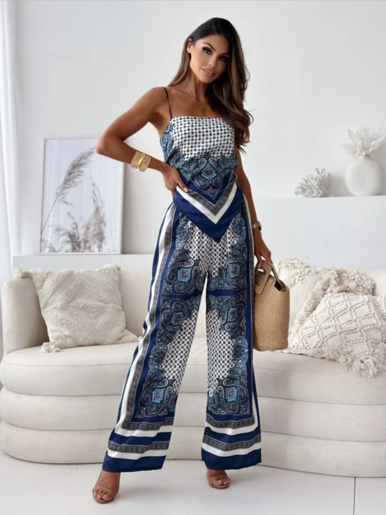 Printed cami top and wide leg trousers set