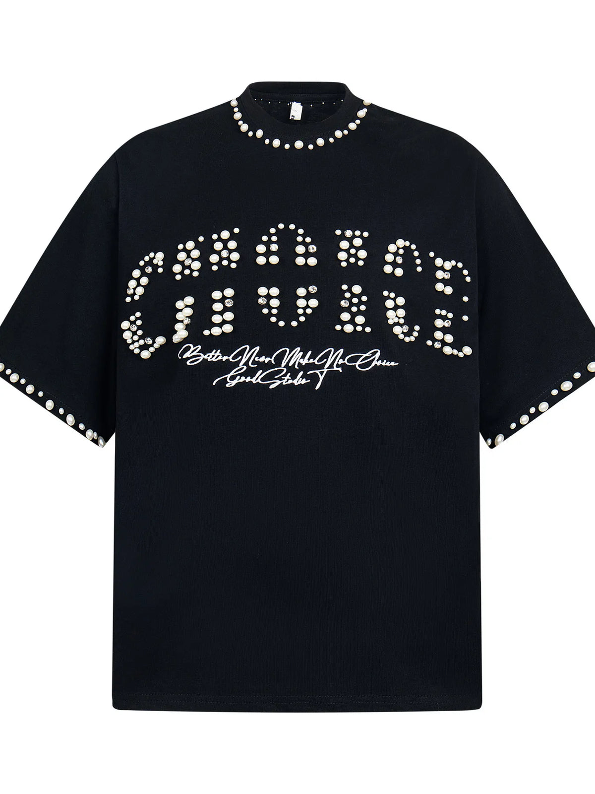 Men's short-sleeve round neck t-shirt in white with small pearl detailing on the front.