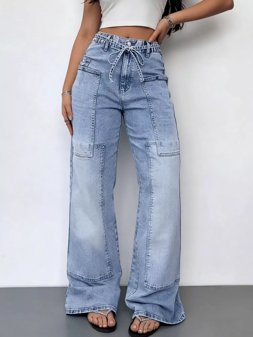 Washed wide leg cargo jeans