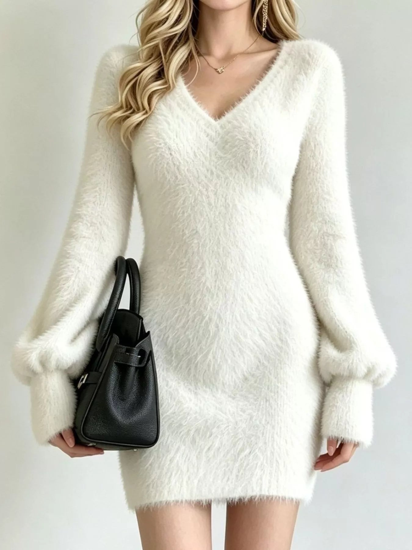 V-Neck Fuzzy Knit Sweater Dress — product image 11