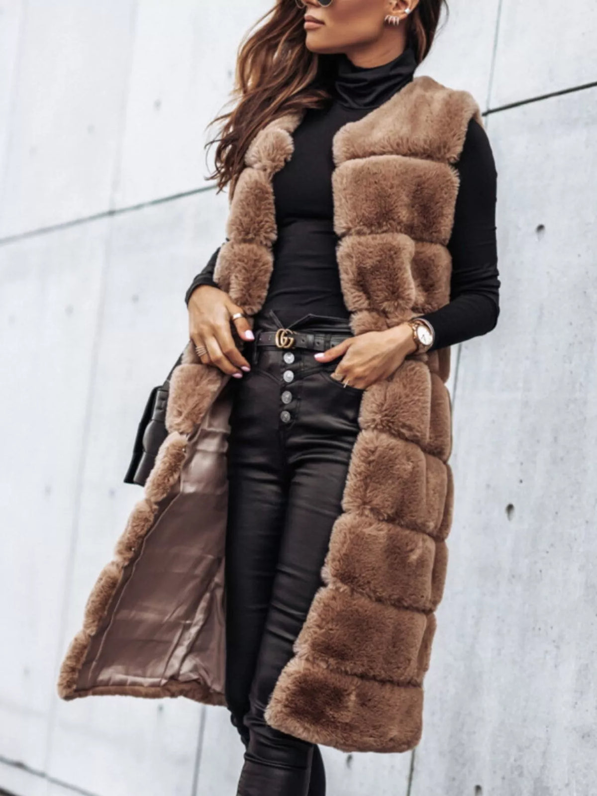 Faux fur longline sleeveless vest coat