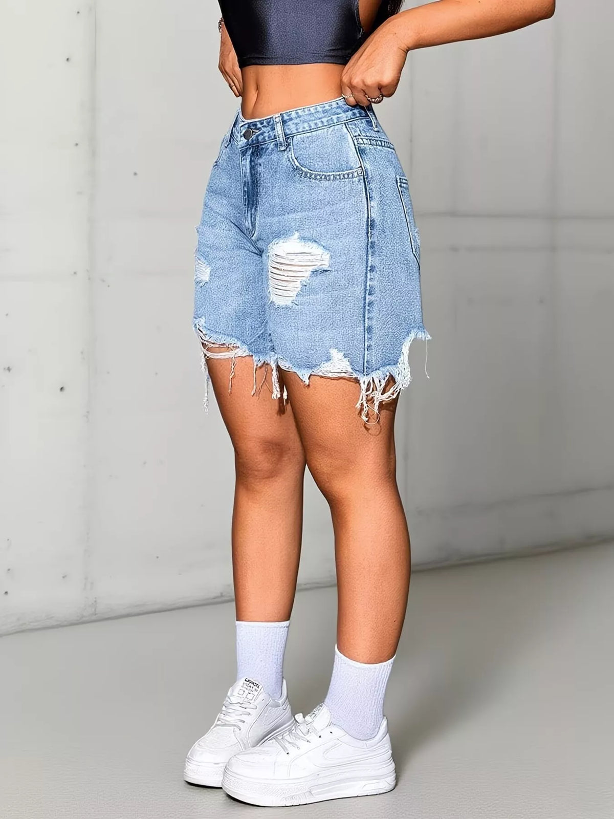 Distressed High Waist Denim Shorts — product image 5