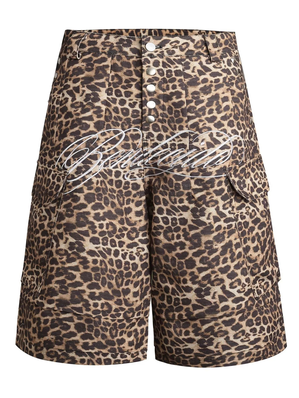 Men's cargo capris in a leopard print.