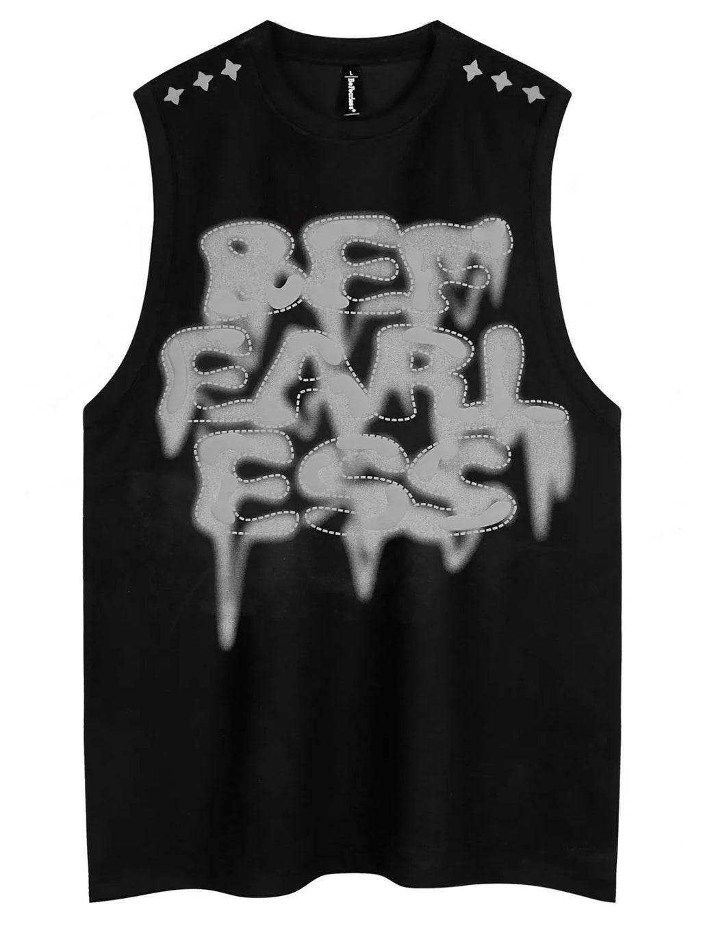 Men's round neck tank top with a letter graphic on the front.