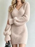 V-neck fuzzy knit sweater dress