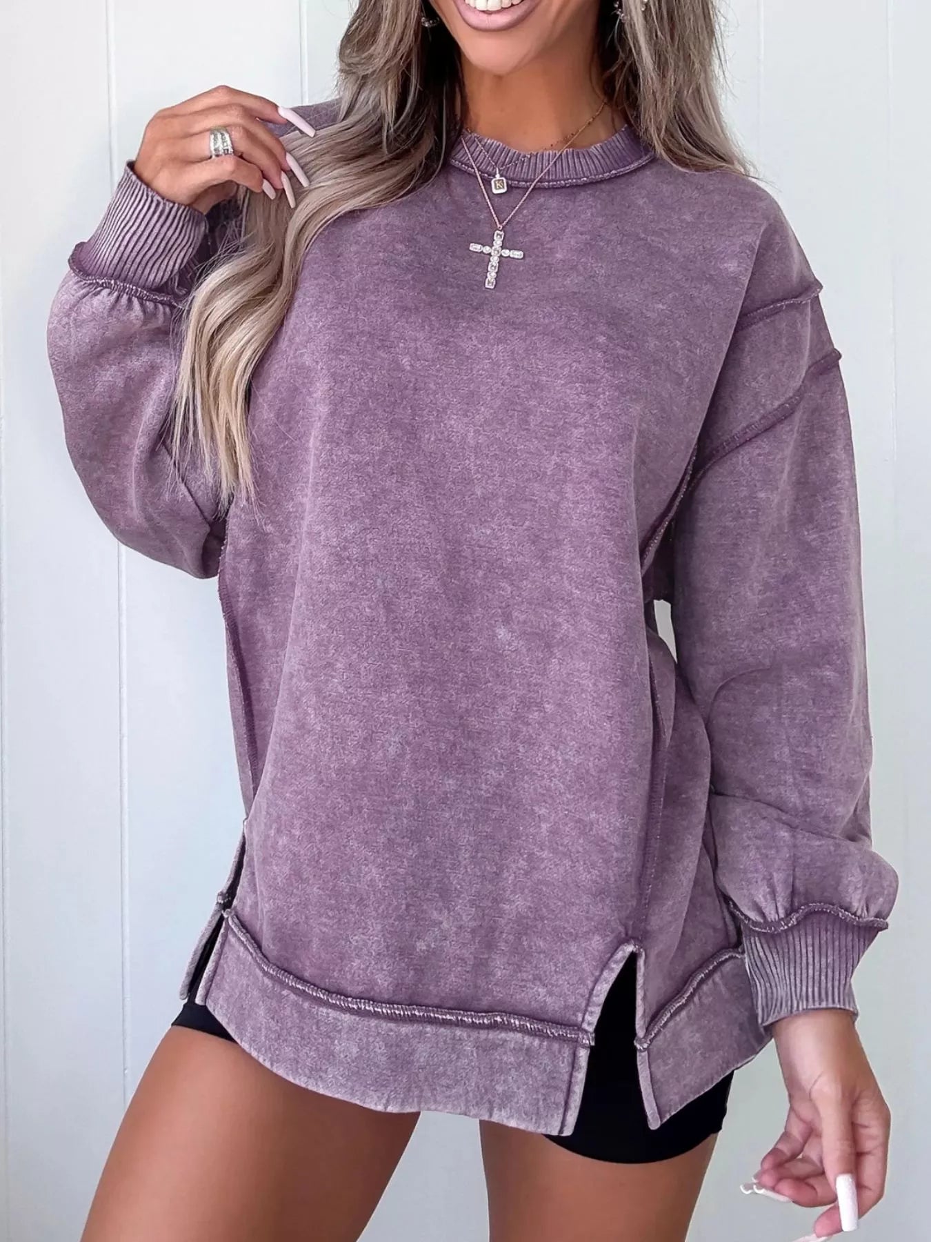 Wash Slit Round Neck Oversized Sweatshirt — product image 2